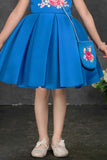 Blue Floral Embroidered Frock with Sling Bag For Girls