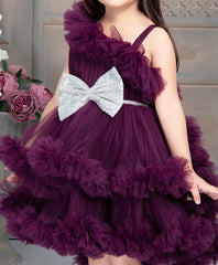 Wine Frock With Ruffled And Bow Embellishment For Girls