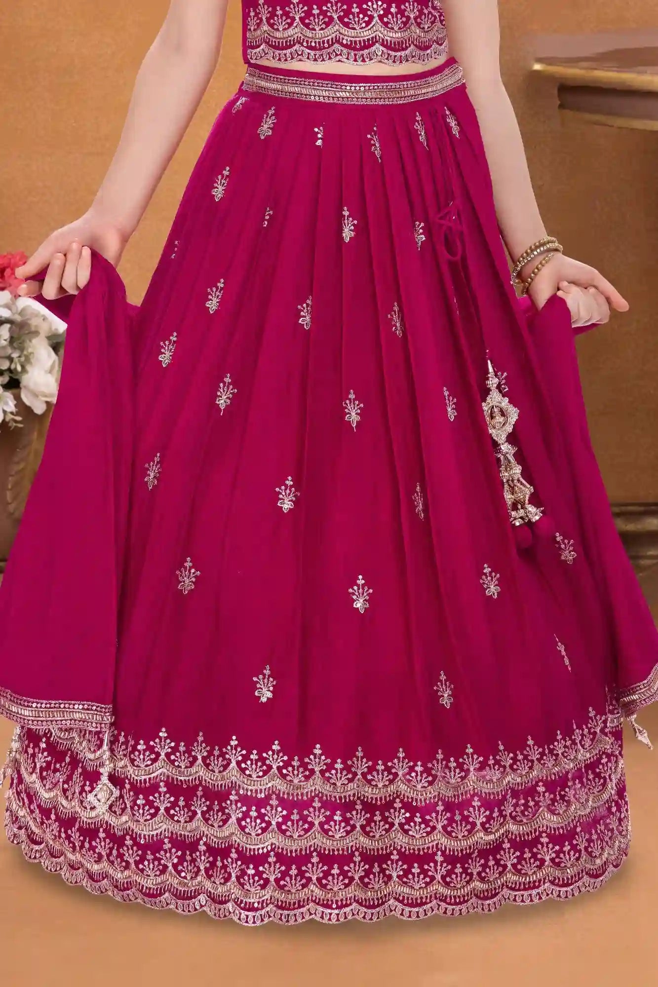 Elegant Rani Pink Sequins Embroidered Lehenga Choli With Dupatta For Girls