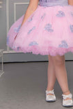 Pink Net Party Wear Frock Embellished With Grey Lace For Girls - Lagorii Kids