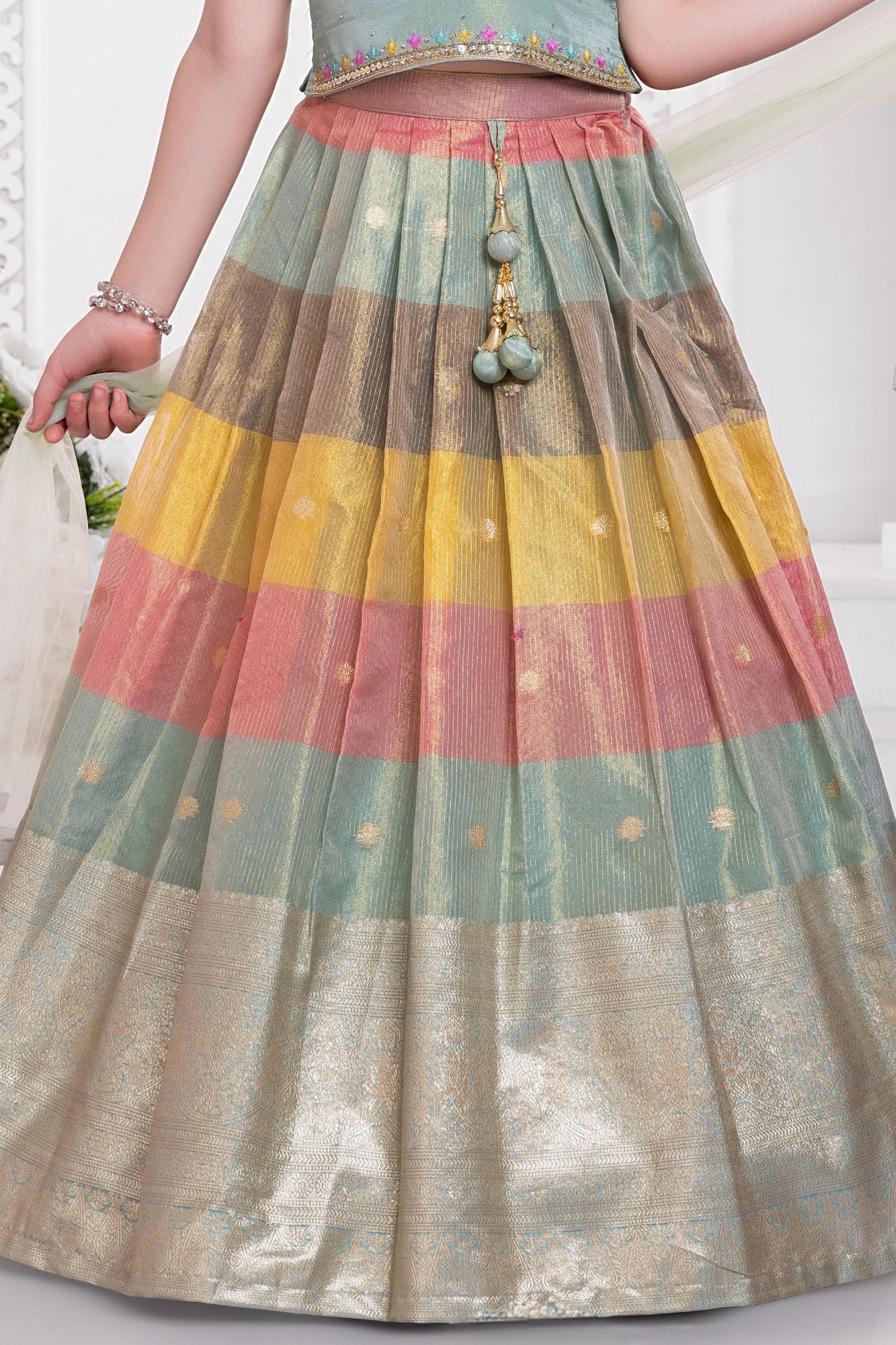 Mint Green Color Block Lehenga Choli with Dupatta for Girls