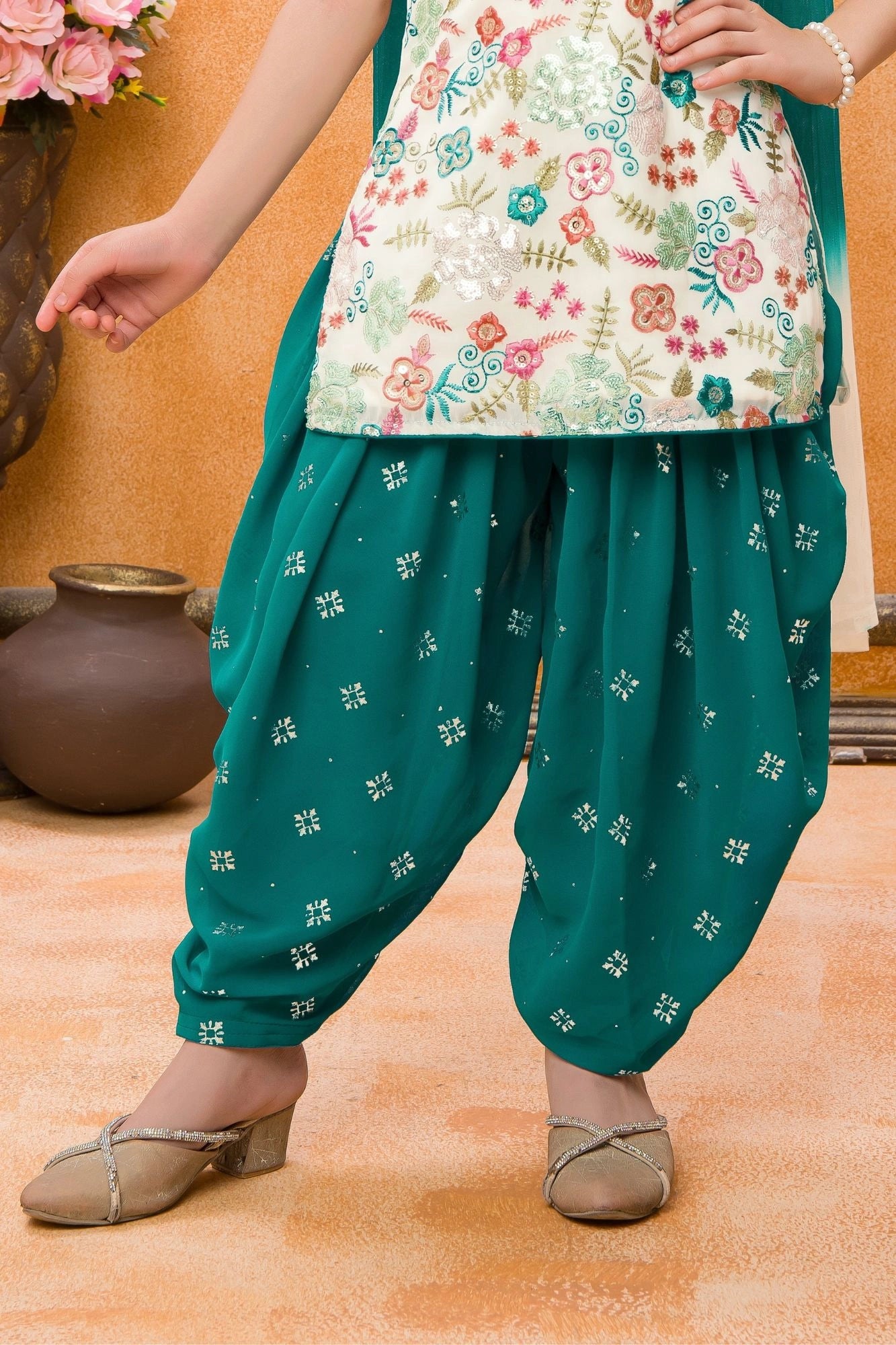 Teal Green and Cream Printed Patiala Set with Dupatta For Girls