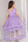 Purple High-Low Party Frock With 3D Floral Appliqué For Girls