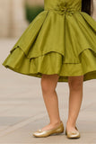 Olive Green Satin Party Wear Frock with Floral Waist Appliqué For Girls