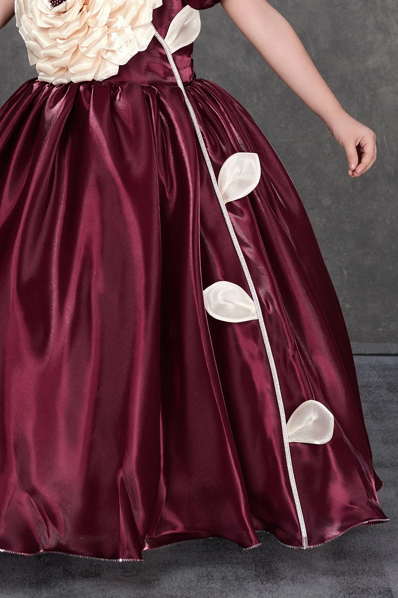 Wine Embellished Party Gown with Oversized Ivory Floral Appliqué For Girls