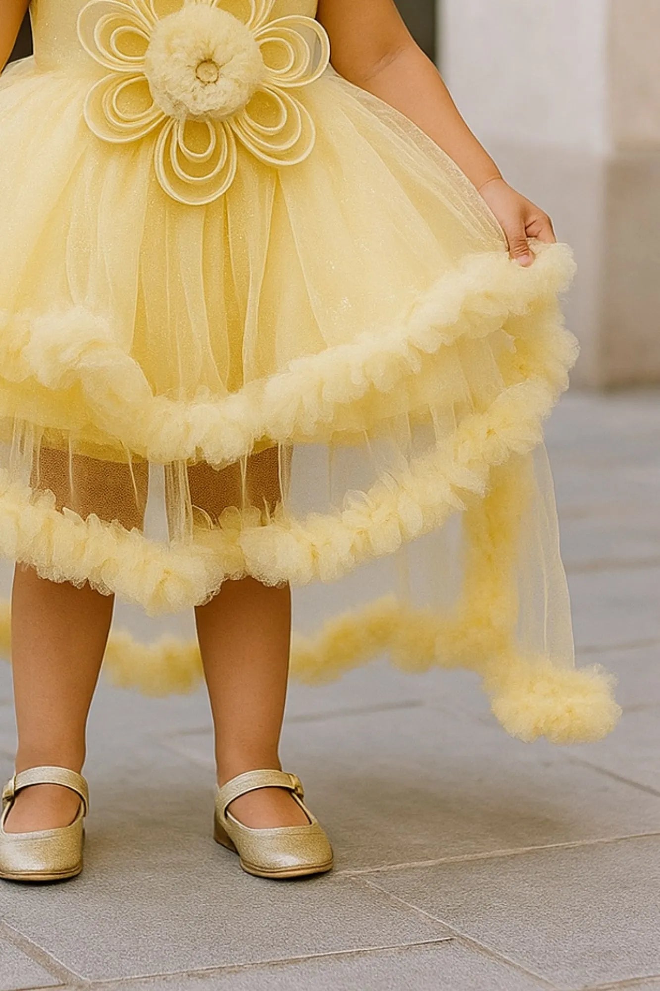 Lemon Yellow Ruffle Frock with 3D Floral Appliqué For Girls