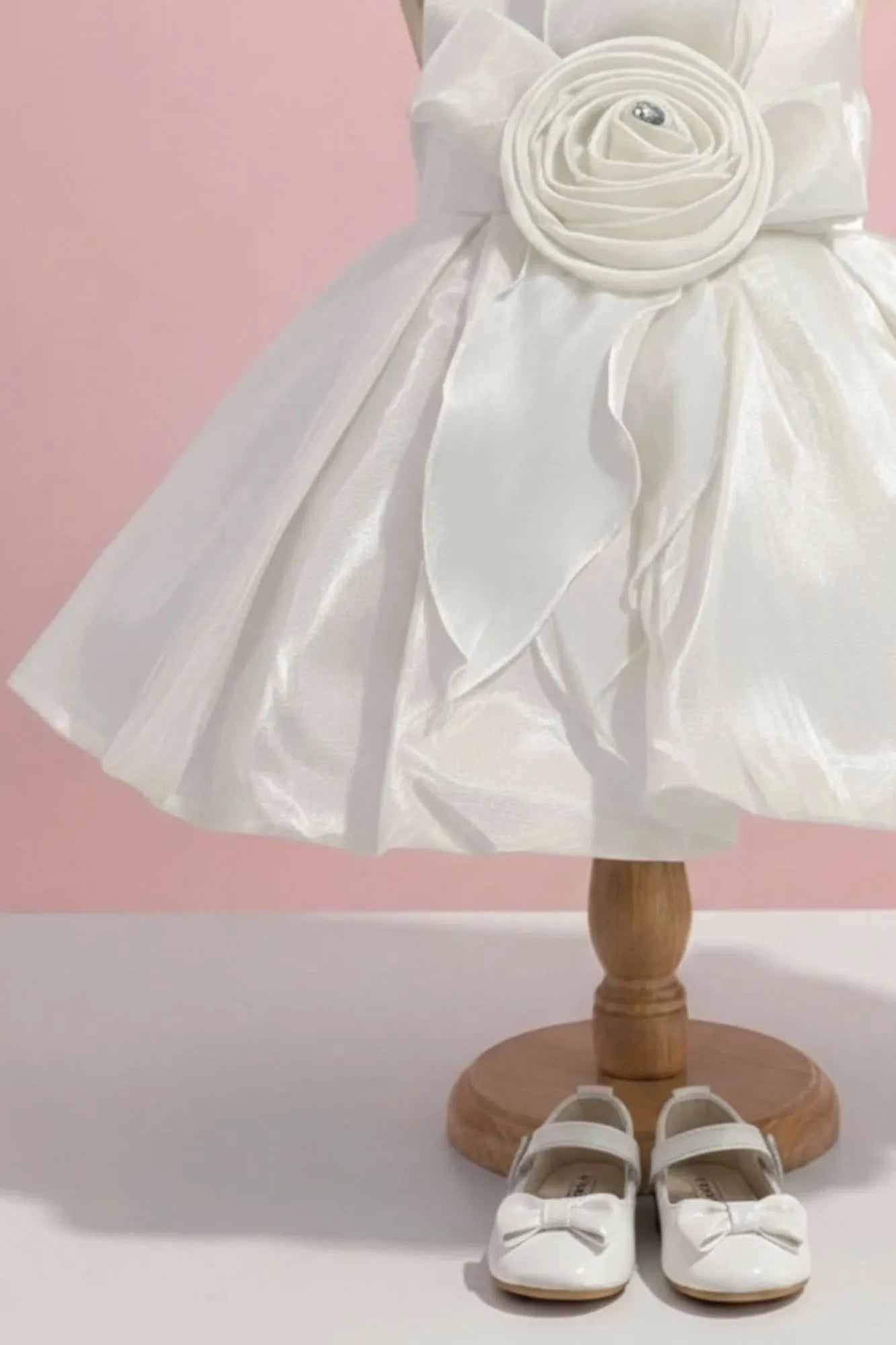 White Party Frock with Rosette Bow and Shimmer Layers For Girls