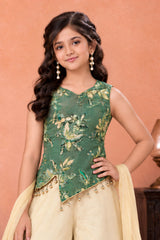 Green Embroidered Top with Ivory Palazzo Set And Dupatta For Girls