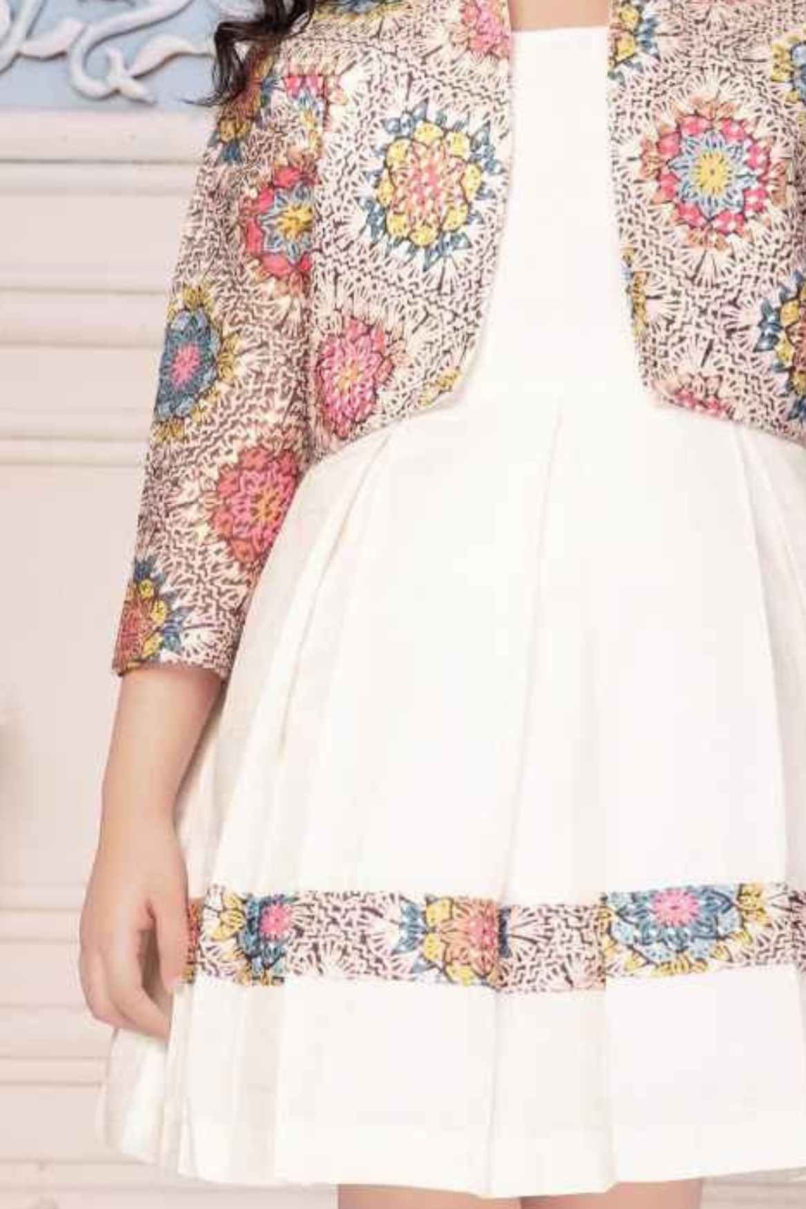 Cream Casual Dress With Floral Printed Overcoat For Girls
