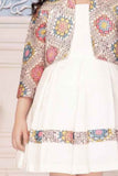 Cream Casual Dress With Floral Printed Overcoat For Girls