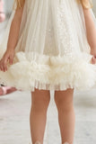 Girls Cream Net Party Dress with Ruffle Hem and Bow Detail