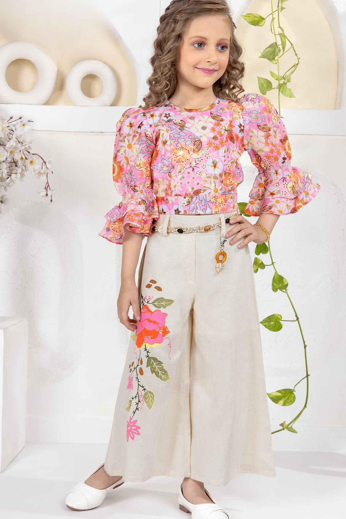 Pink Floral Printed Top And Cream Wide-Leg Pants Set For Girls