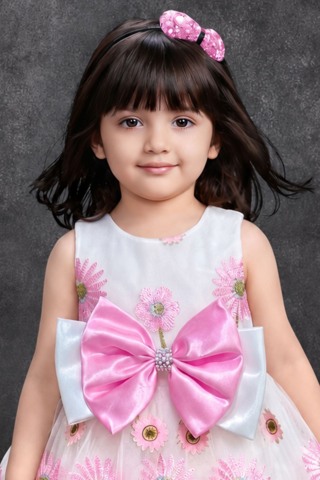 White Party Frock With Pink Embroidered Floral And Oversized Satin Bow