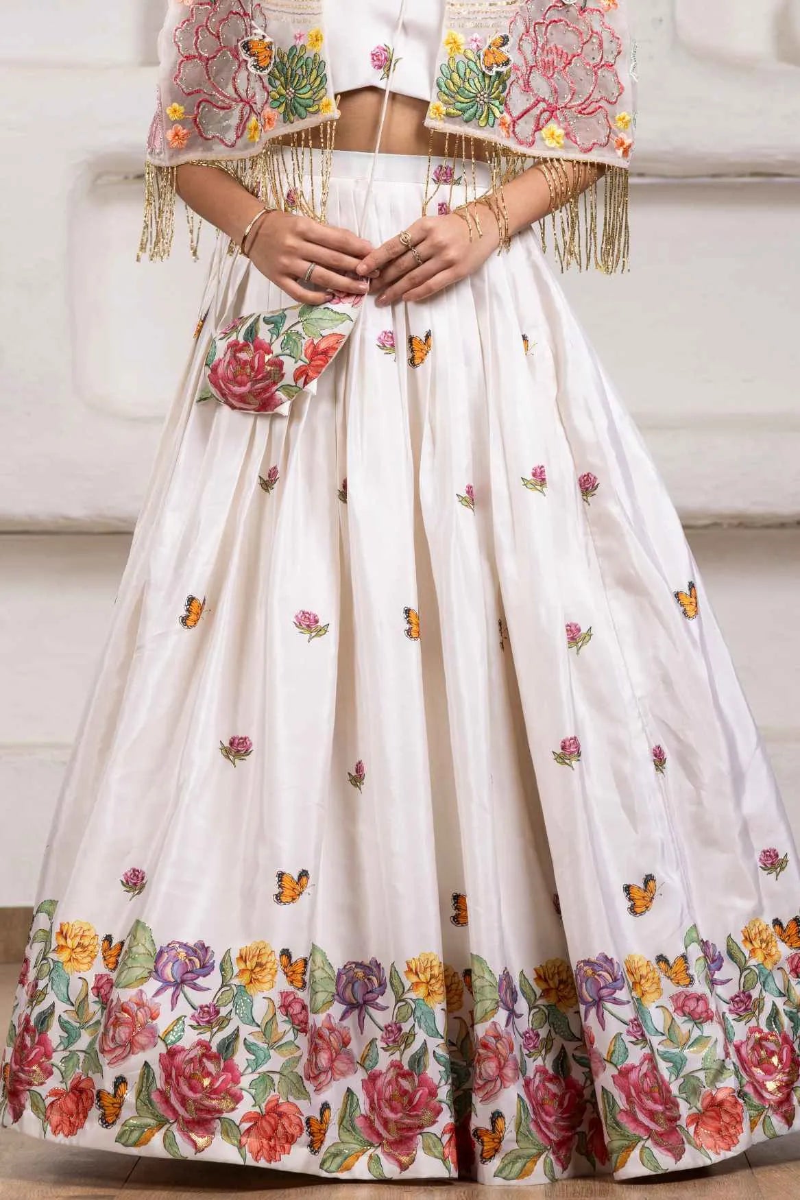 Elegant White Floral Embroidered Lehenga Choli With Embroidered Cape For Girls