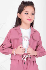 Classic Onion Pink Overcoat With T shirt And Bottom Set For Girls