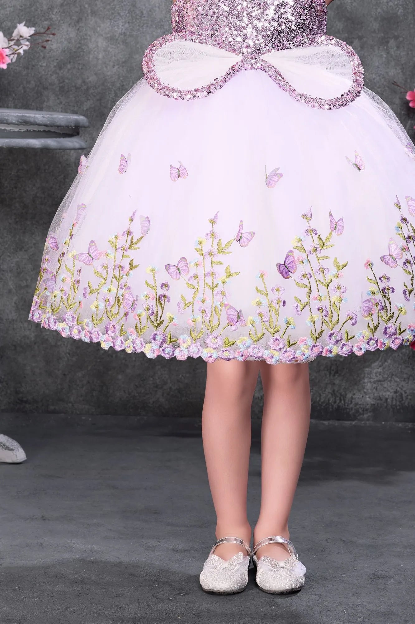 Lavender Sequin Bodice Party Wear Frock with Butterfly Print Skirt For Girls