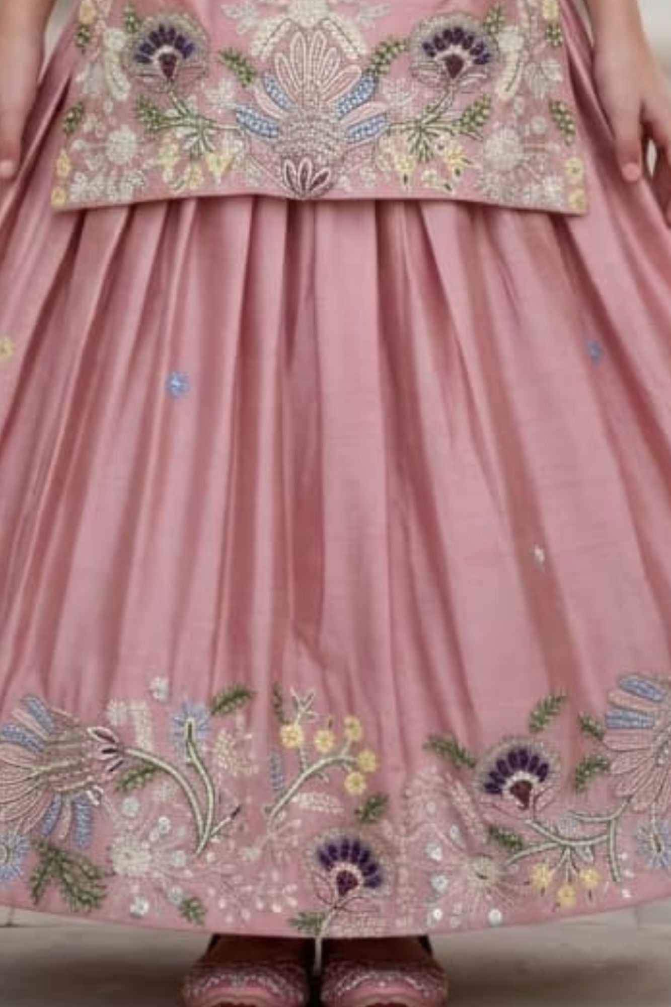 Girls Dusty Pink Embroidered Top with Flared Lehenga Set