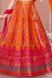 Girls Heavy Embroidered Orange And Pink Lehenga Choli Set With Dupatta