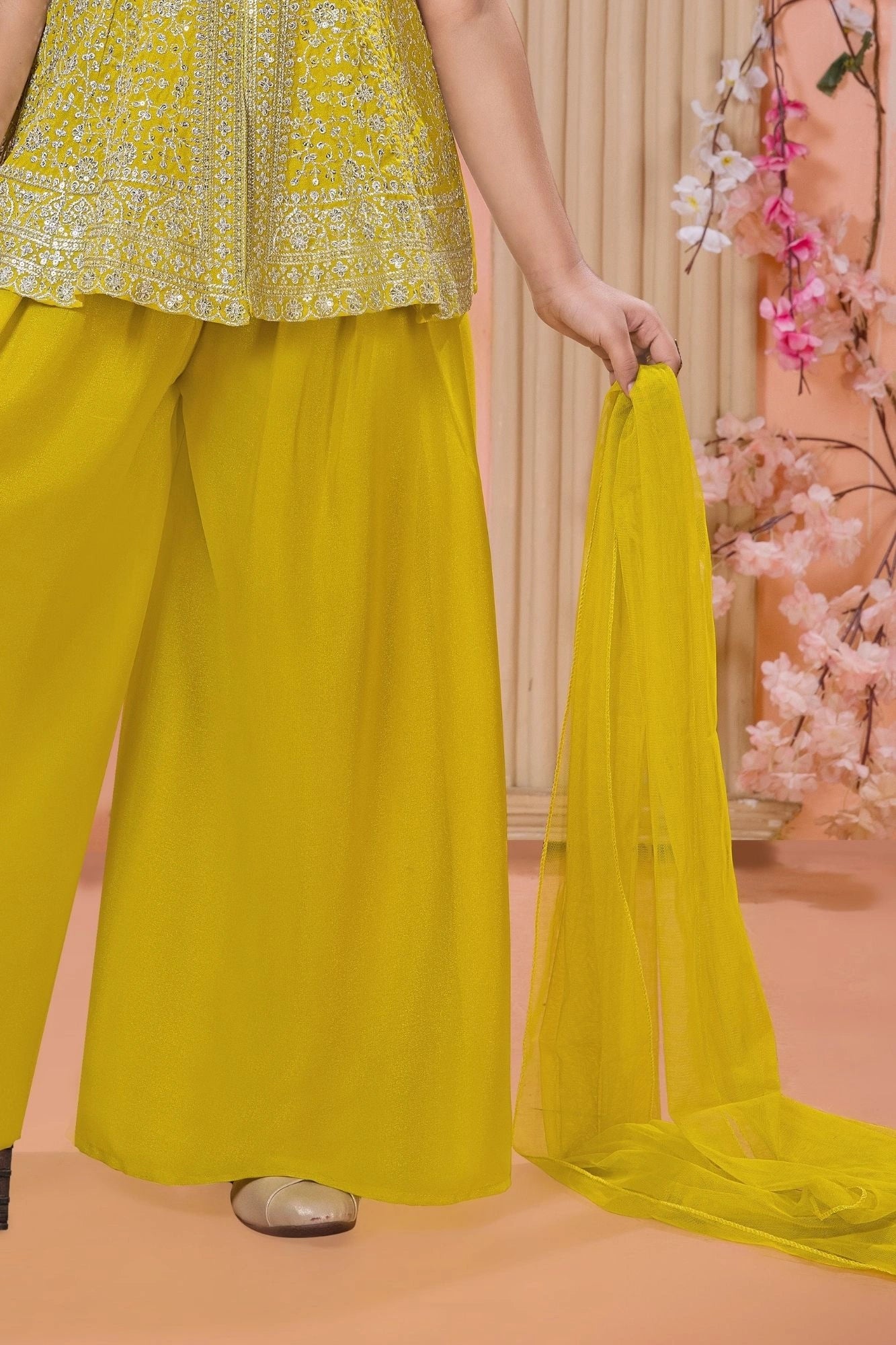 Yellow Sequins And Zari Embroidered Peplum Kurti With Palazzo Set for Girls