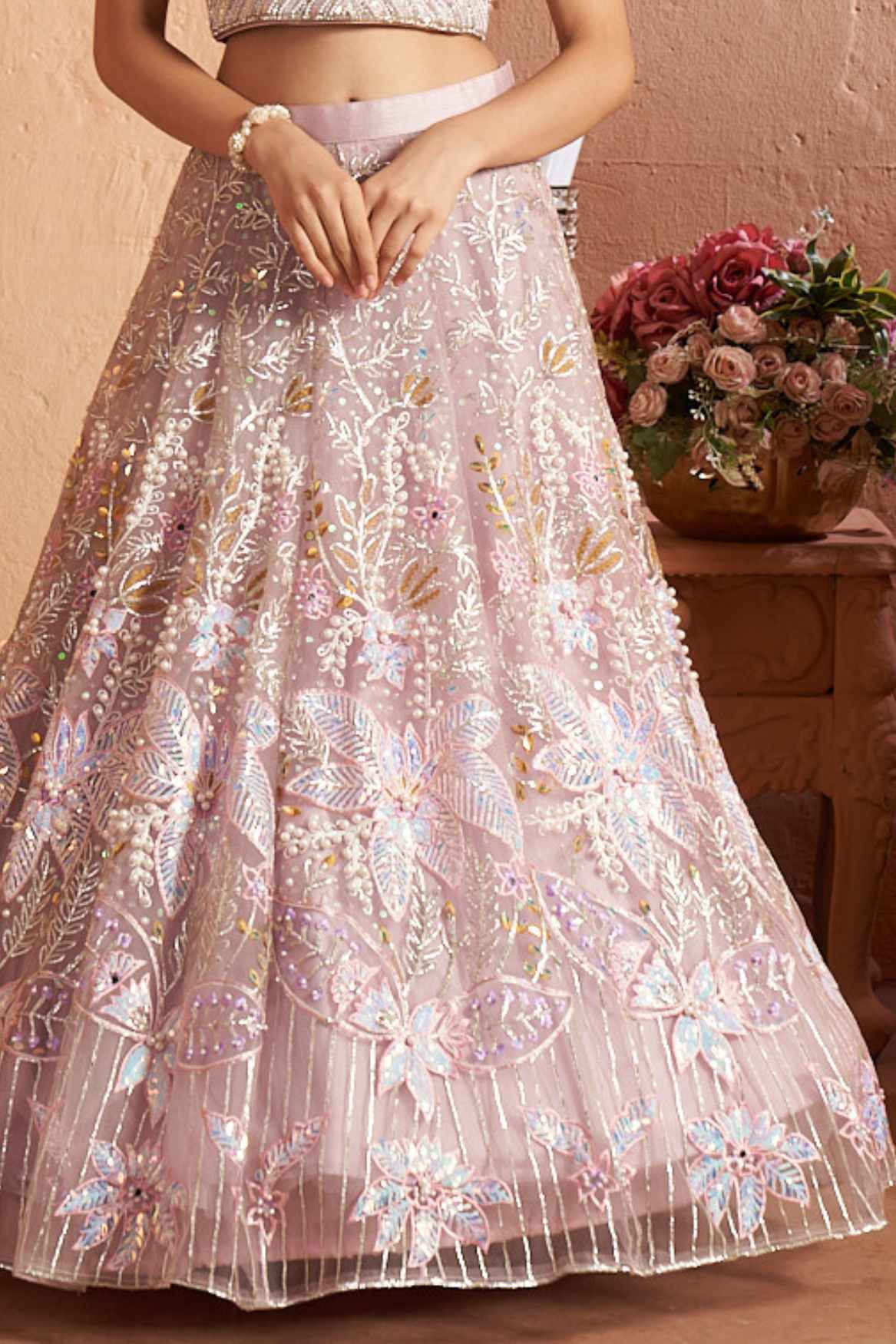 Designer Pastel Pink Sequins Embroidered And Stone Work Lehenga Choli Set For Girls