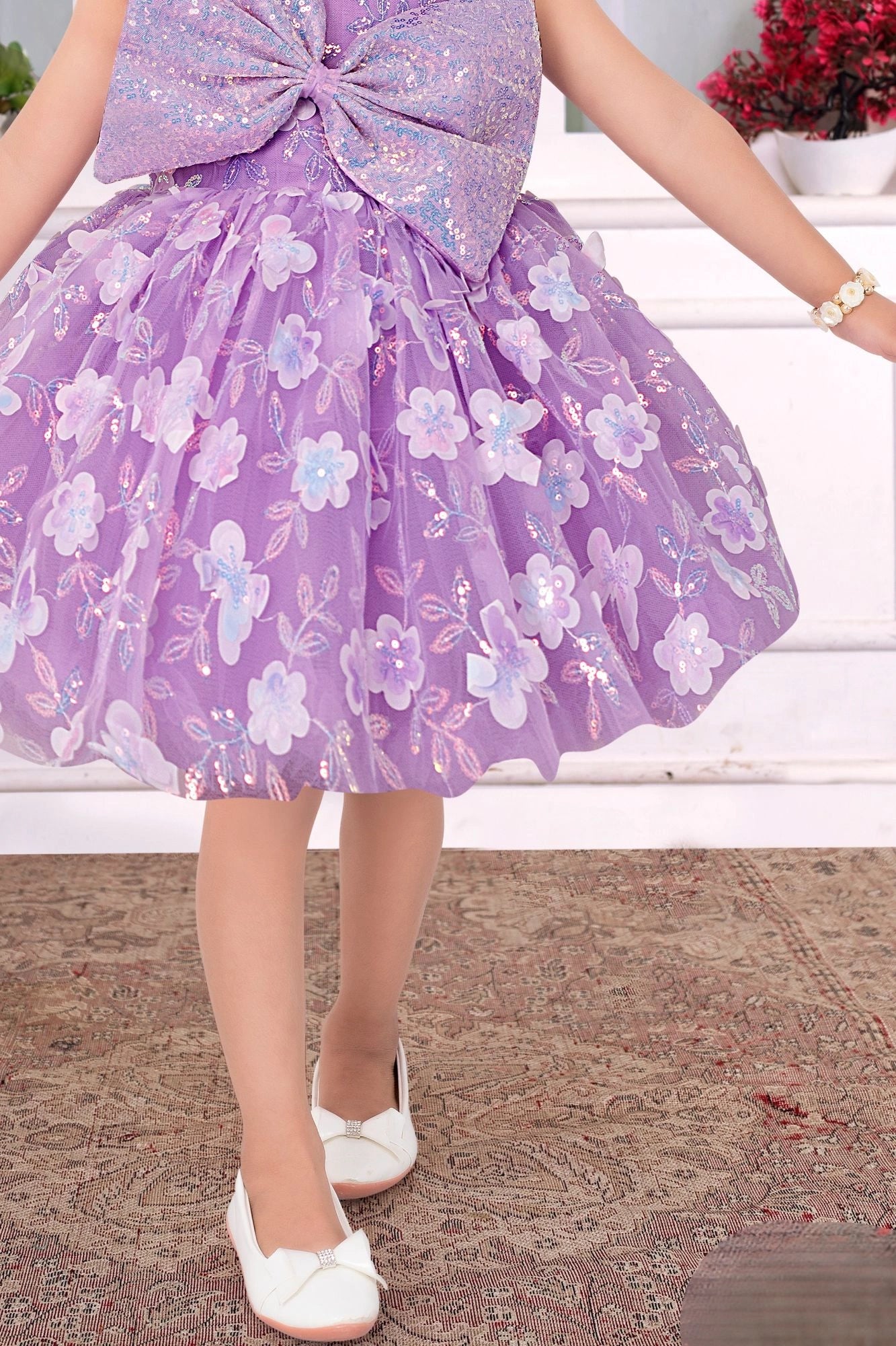 Lavender Party Wear Frock with Oversized Sequin Bow and 3D Floral Embroidery For Girls