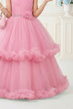 Baby Pink Layered Net Party Gown with Floral Ruffle Hem For Girls