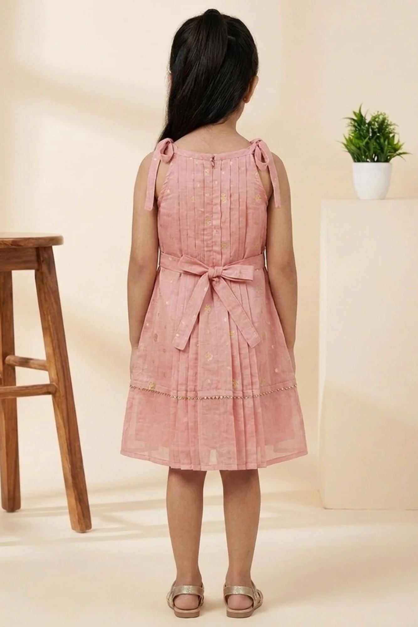Girls Pink Sleeveless Dress with Pintuck Pleats