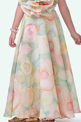 Trendy Green Floral Embellished And Printed Gown For Girls