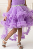 Lavender Layered Ruffle High-Low Party Wear Frock For Girls