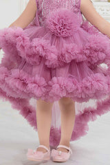 Onion Pink Ruffled Frock With Floral Embellished For Girls