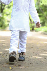 White Kurta Pyjama Set with Subtle Self-Design Embroidery For Boys