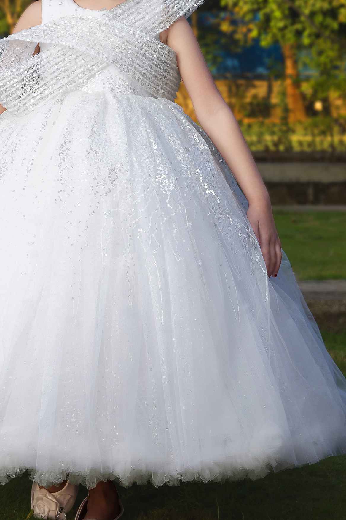 White Sequin Ball Gown With Crossover Bow For Girls