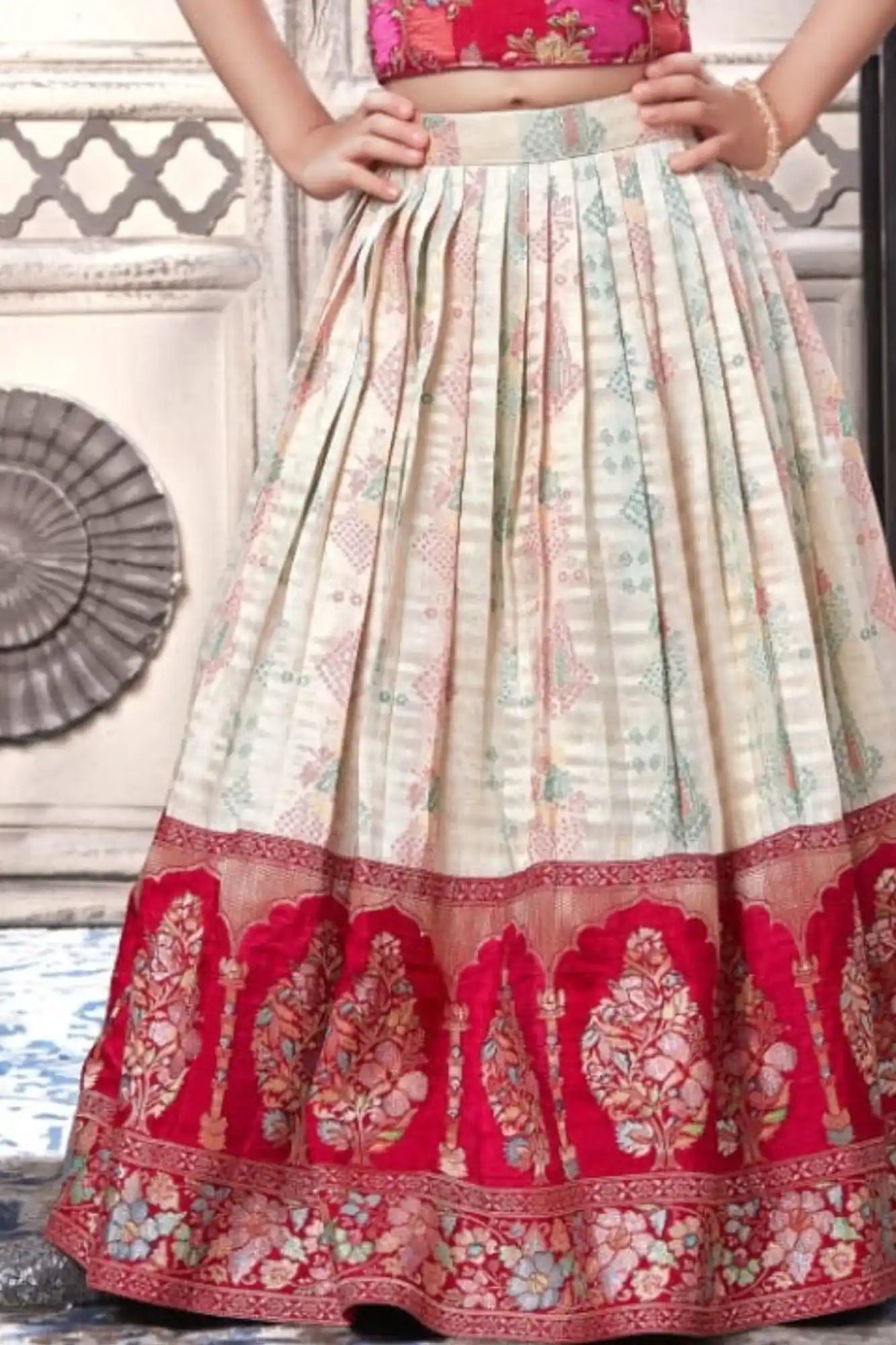 Traditional Cream & Pink Embroidered Pattu Pavadai Set for Girls