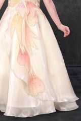 Ivory Floral Sequin Party Wear Gown with Layered Flare For Girls