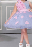 Blue Net Party Wear Frock Embellished With Grey Lace For Girls - Lagorii Kids
