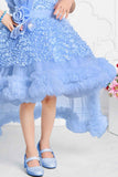 Blue Net Party Wear Tailback Frock Embellished With Floral For Girls - Lagorii Kids
