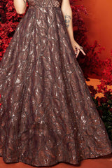 Luxe Copper Brown Sequins Work Party Wear Gown For Girls