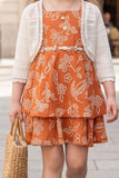 Girls Rust Orange Printed Frock with Crochet Shrug