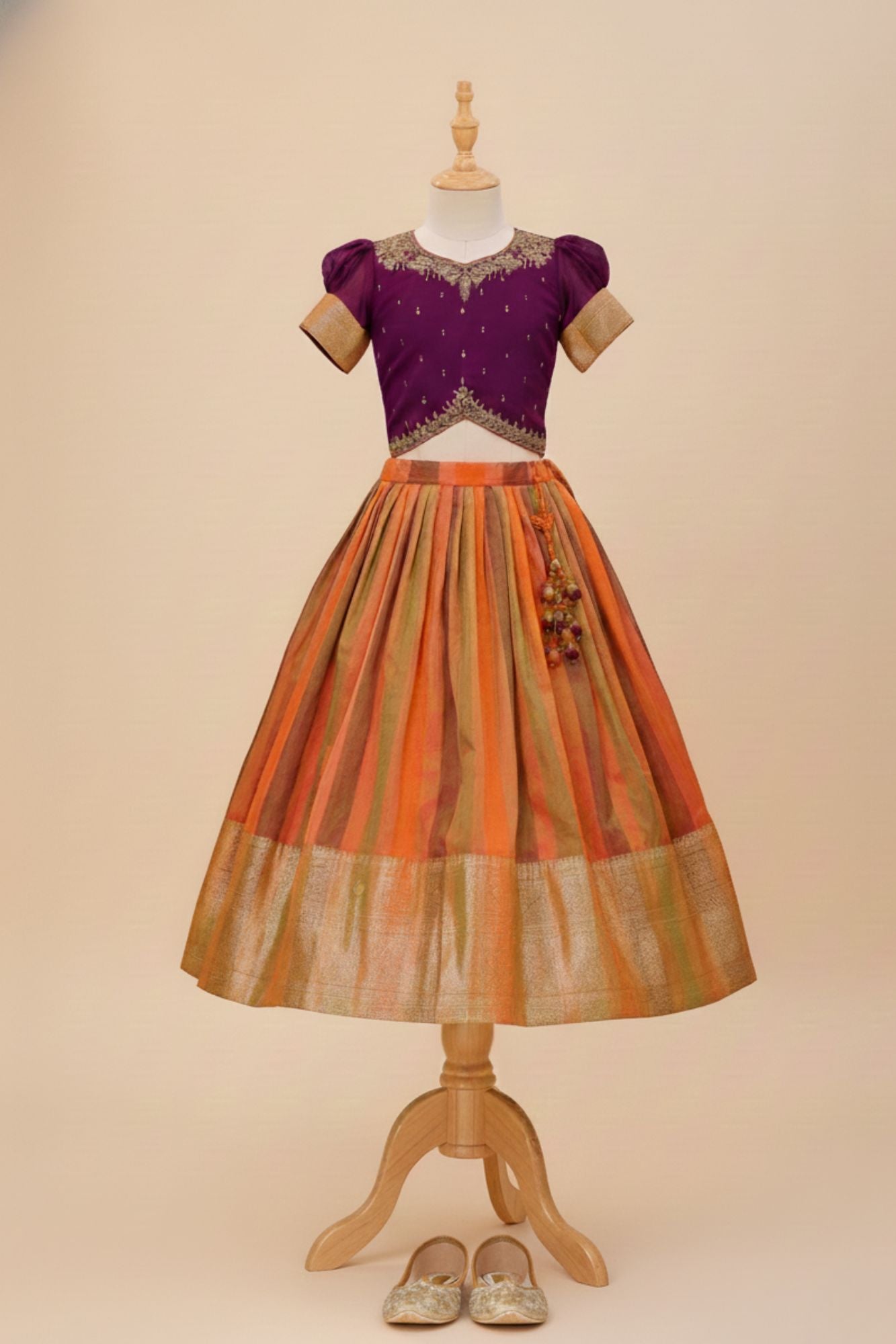 Purple And Rust Silk Pattu Pavadai with Puff Sleeves For Girls