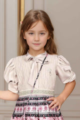 Stylish Beige And Pink Printed Frock With Sling Bag For Girls