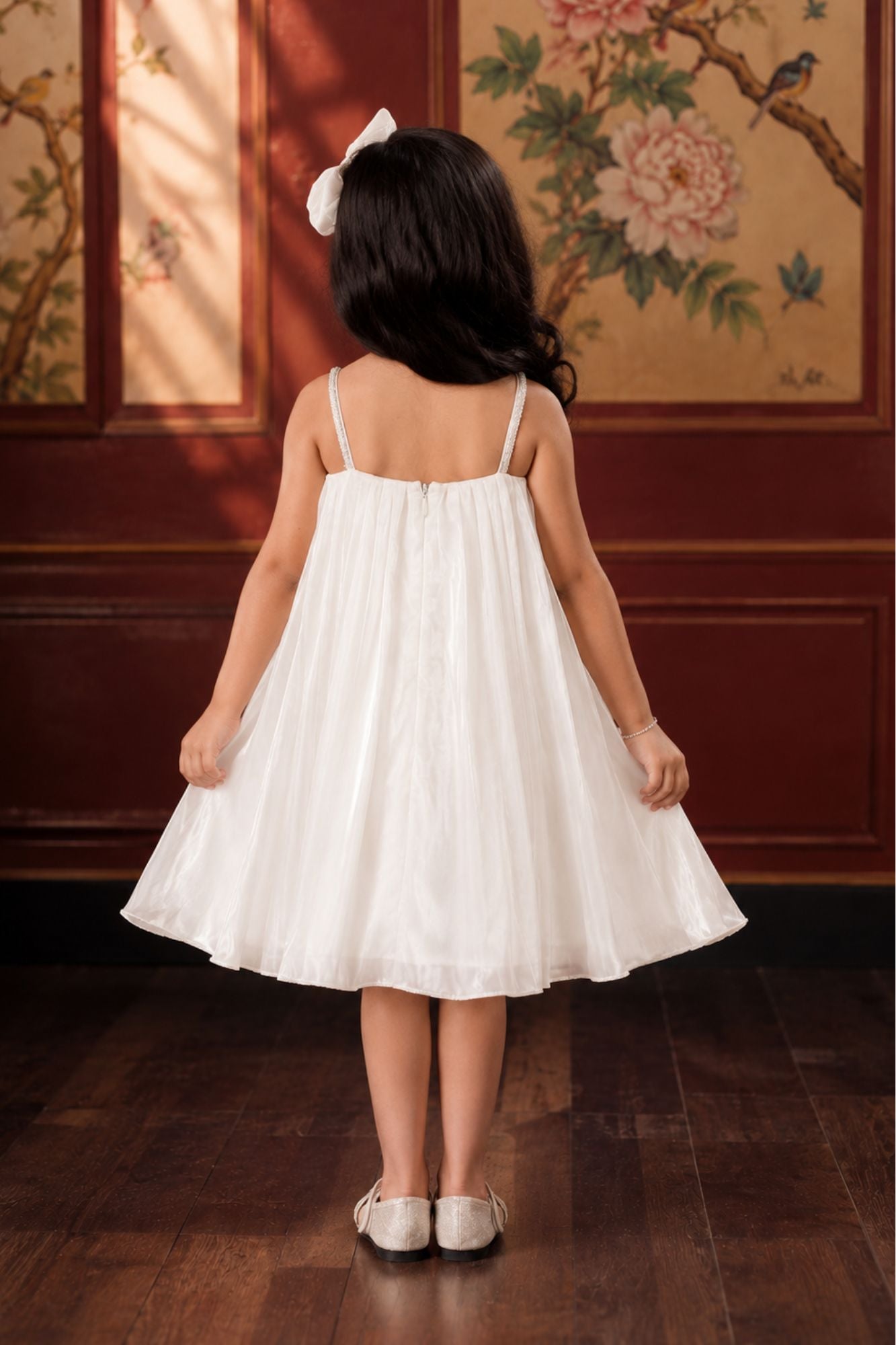 Pearl White 3D Bow Embellished Party Wear Frock For Girls