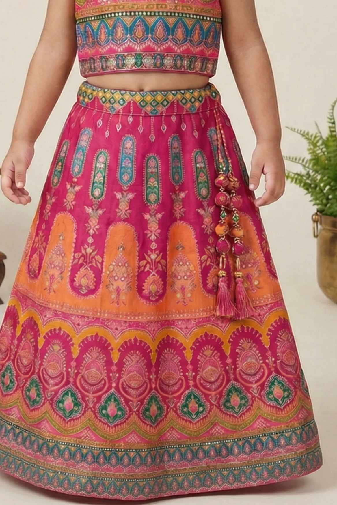 Rani Pink and Orange Embroidered Lehenga Choli with Dupatta For Girls