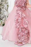 Peach Spiral 3D Petal Appliqué Party Gown For Girls