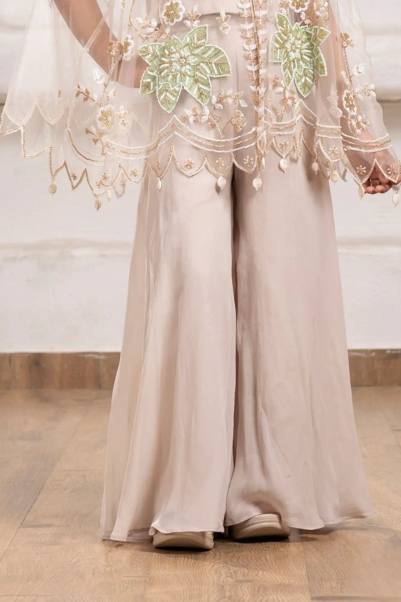 Beige Cape Style Palazzo Set With Sequin Floral Embroidery For Girls