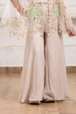 Beige Cape Style Palazzo Set With Sequin Floral Embroidery For Girls