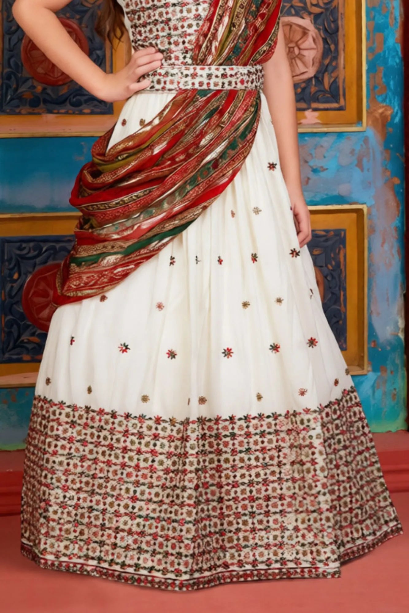 White Embroidered Lehenga Choli with Multicolor Floral Motifs For Girls