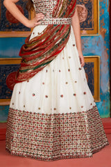 White Embroidered Lehenga Choli with Multicolor Floral Motifs For Girls