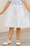 White & Blue Floral Smocked Dress with Peter Pan Collar For Girls