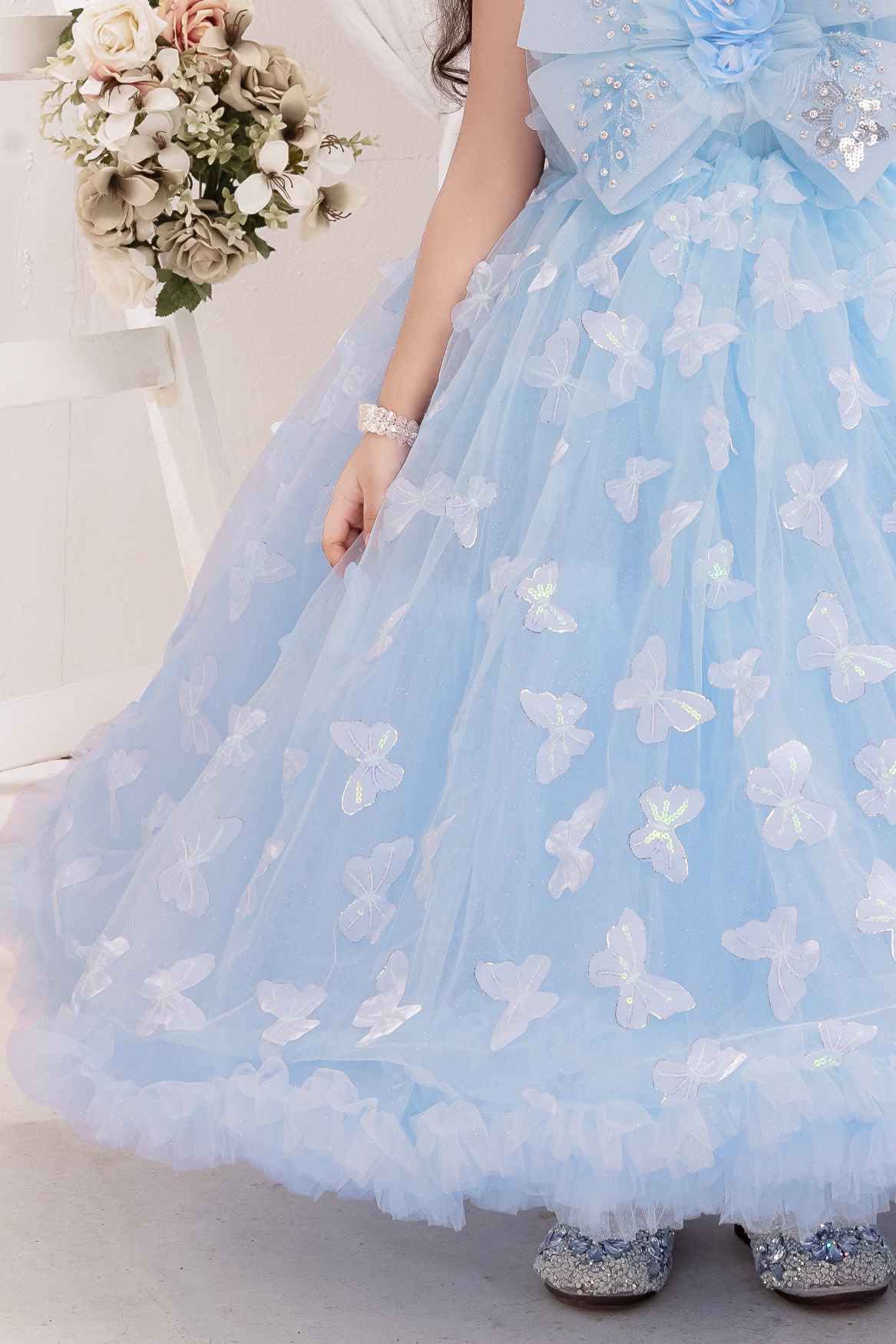 Sky Blue Floral And Butterfly Embellished With Sequins Work Party Wear Gown For Girls
