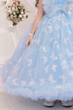 Sky Blue Floral And Butterfly Embellished With Sequins Work Party Wear Gown For Girls